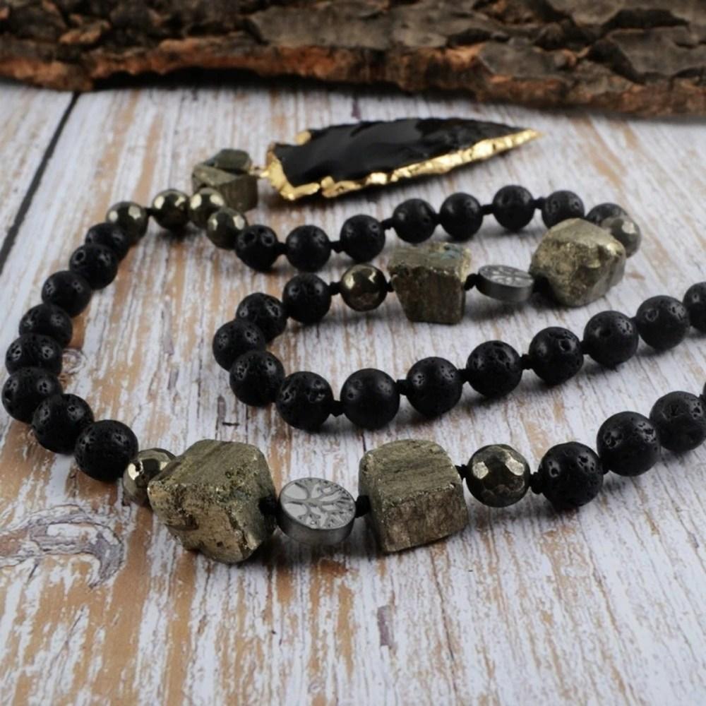 Black Obsidian Pyrite Bead Arrowhead Crystal Necklace