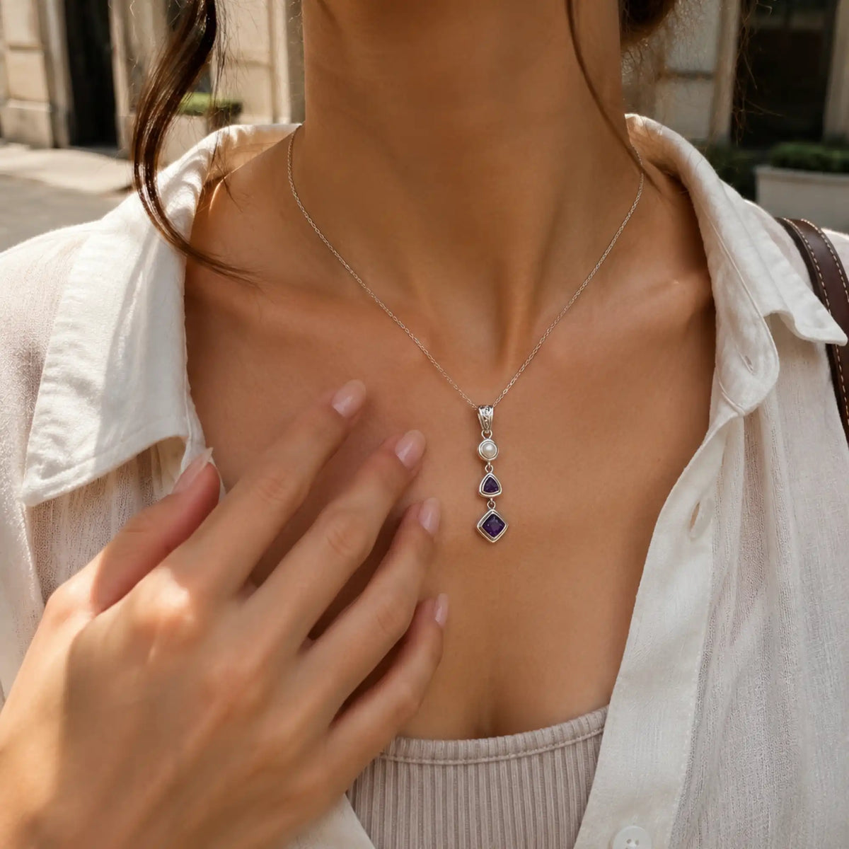 Natural Charoite, Amethyst & Pearl Necklace in Sterling Silver