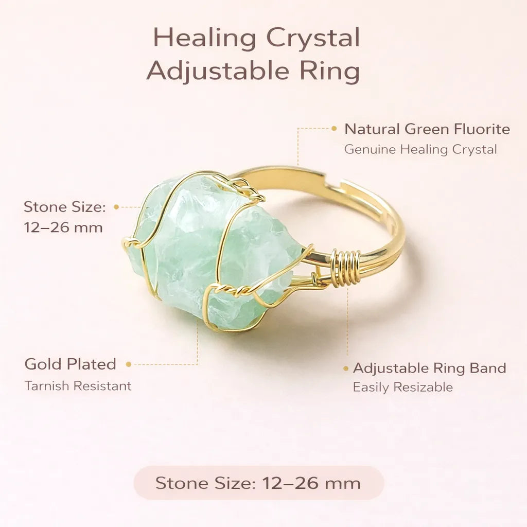 Healing Crystal Adjustable Ring — Natural Gemstone Statement Jewelry