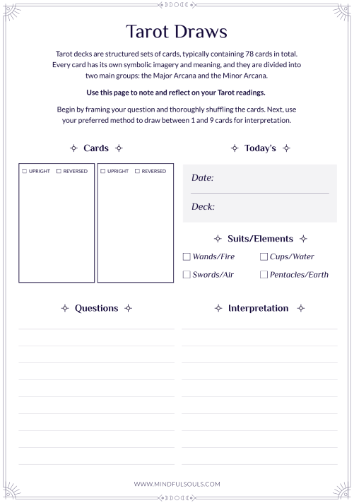 Journal de tarot imprimable : tirages, tirages et plus encore