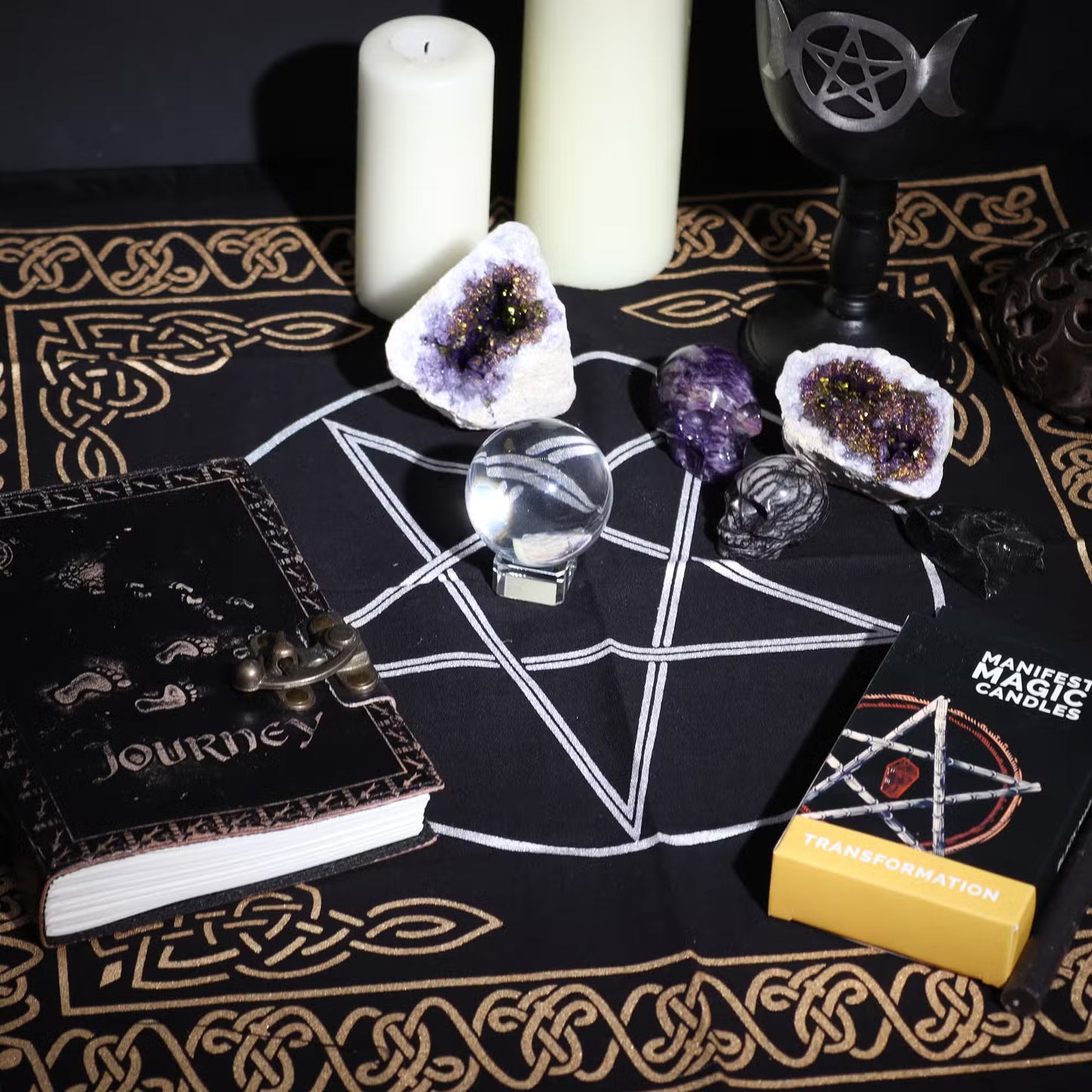 Esoteric Fringed Altar Cloth – Sacred Symbols for Ritual Spaces