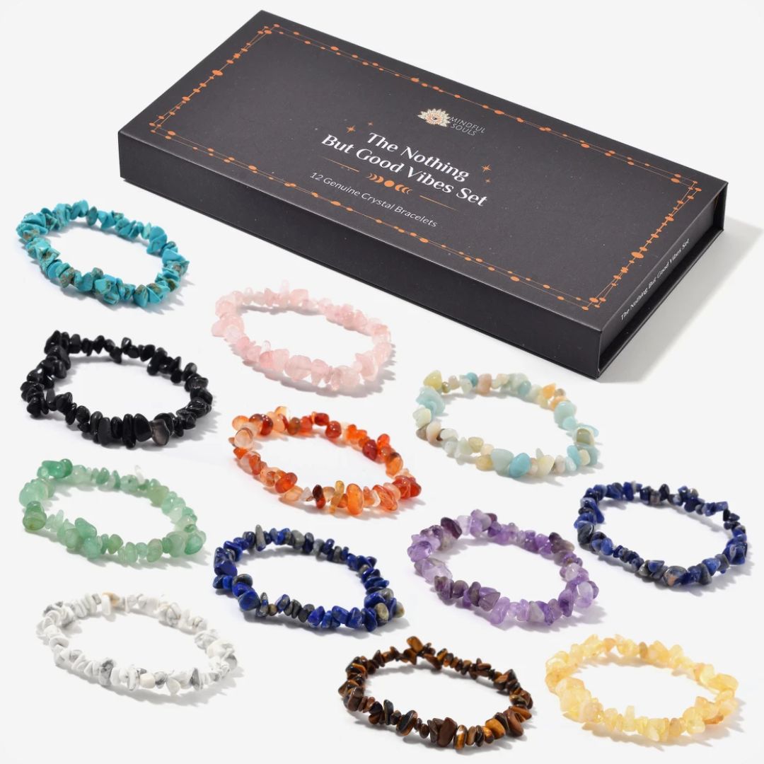 12 Natural Crystal Bracelets in a Box + FREE Crystal Wisdom Deck