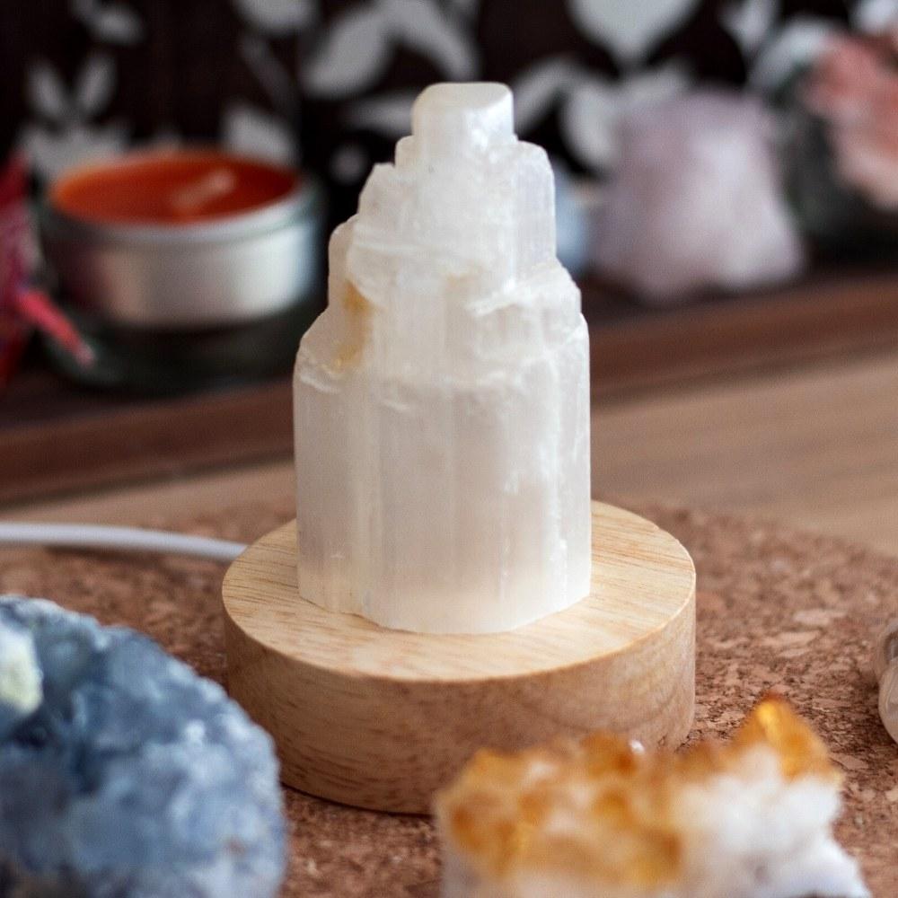 Selenite and Rose Quartz Crystal Table Lamp