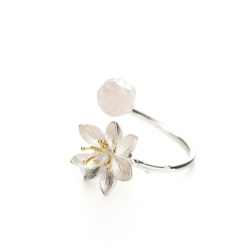 Rose Quartz Lotus Handmade Crystal Ring