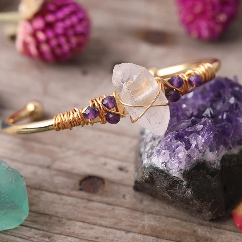 White Quartz Wire Wrap Golden Copper Bracelet