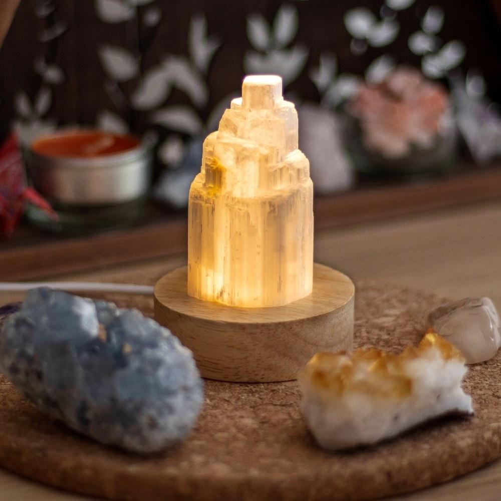 Selenite and Rose Quartz Crystal Table Lamp