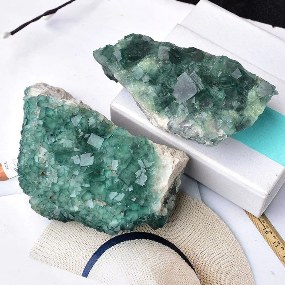 Green Fluorite Quartz Crystal Cluster