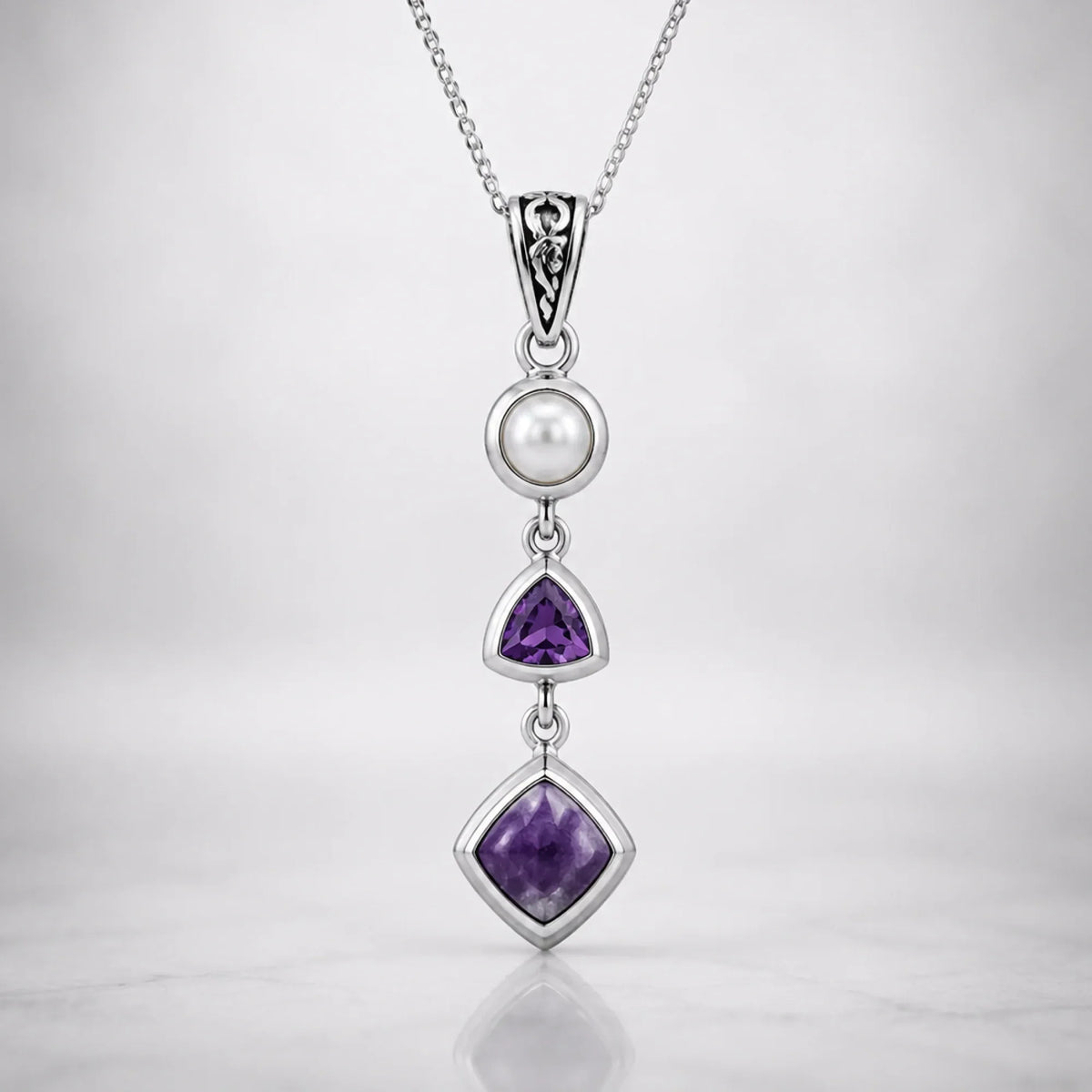 Natural Charoite, Amethyst & Pearl Necklace in Sterling Silver