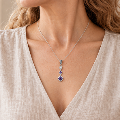 Natural Charoite, Amethyst & Pearl Necklace in Sterling Silver