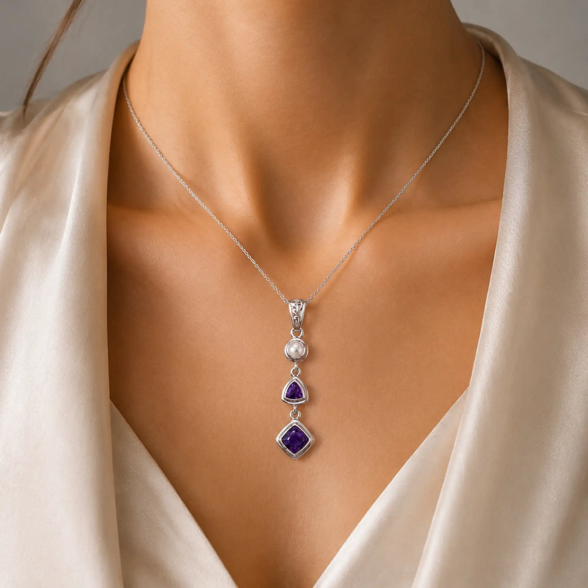Natural Charoite, Amethyst & Pearl Necklace in Sterling Silver