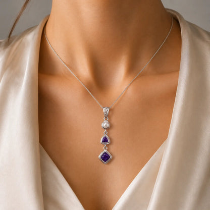 Natural Charoite, Amethyst & Pearl Necklace in Sterling Silver