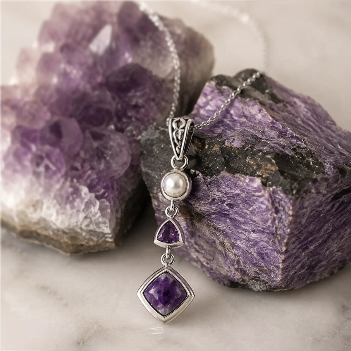 Natural Charoite, Amethyst & Pearl Necklace in Sterling Silver