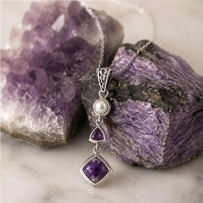 Natural Charoite, Amethyst & Pearl Necklace in Sterling Silver