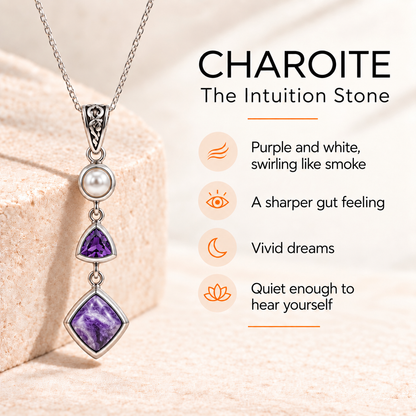 Natural Charoite, Amethyst & Pearl Necklace in Sterling Silver