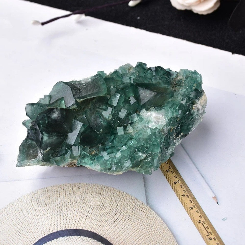 Green Fluorite Quartz Crystal Cluster