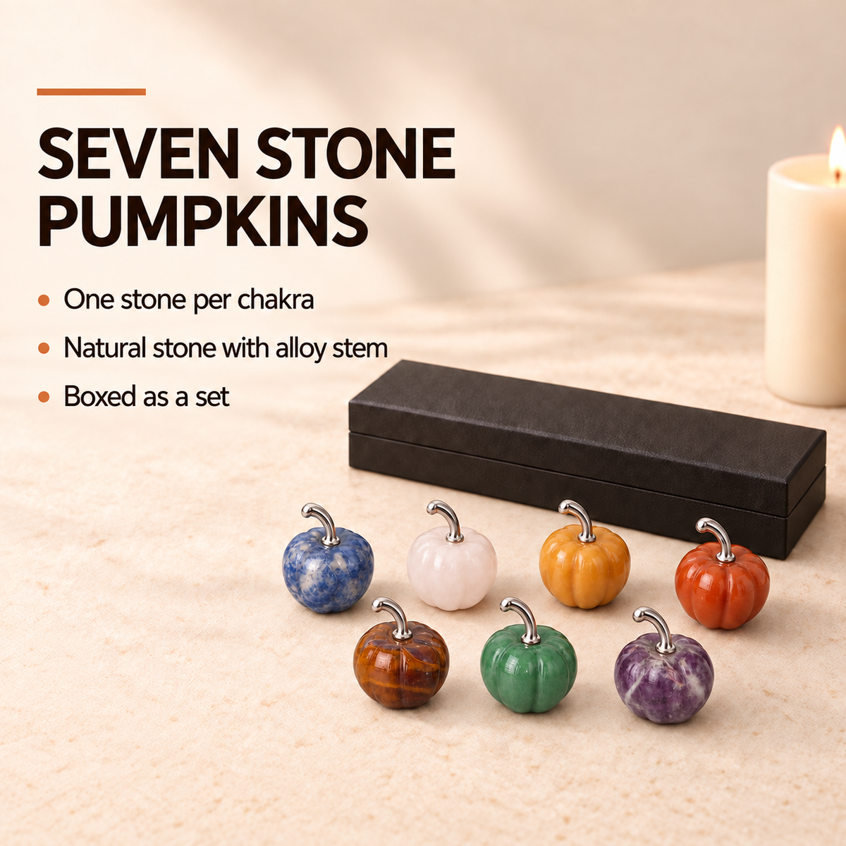 Chakra Mini Pumpkin Set – 7 Stones for Halloween Balance & Protection