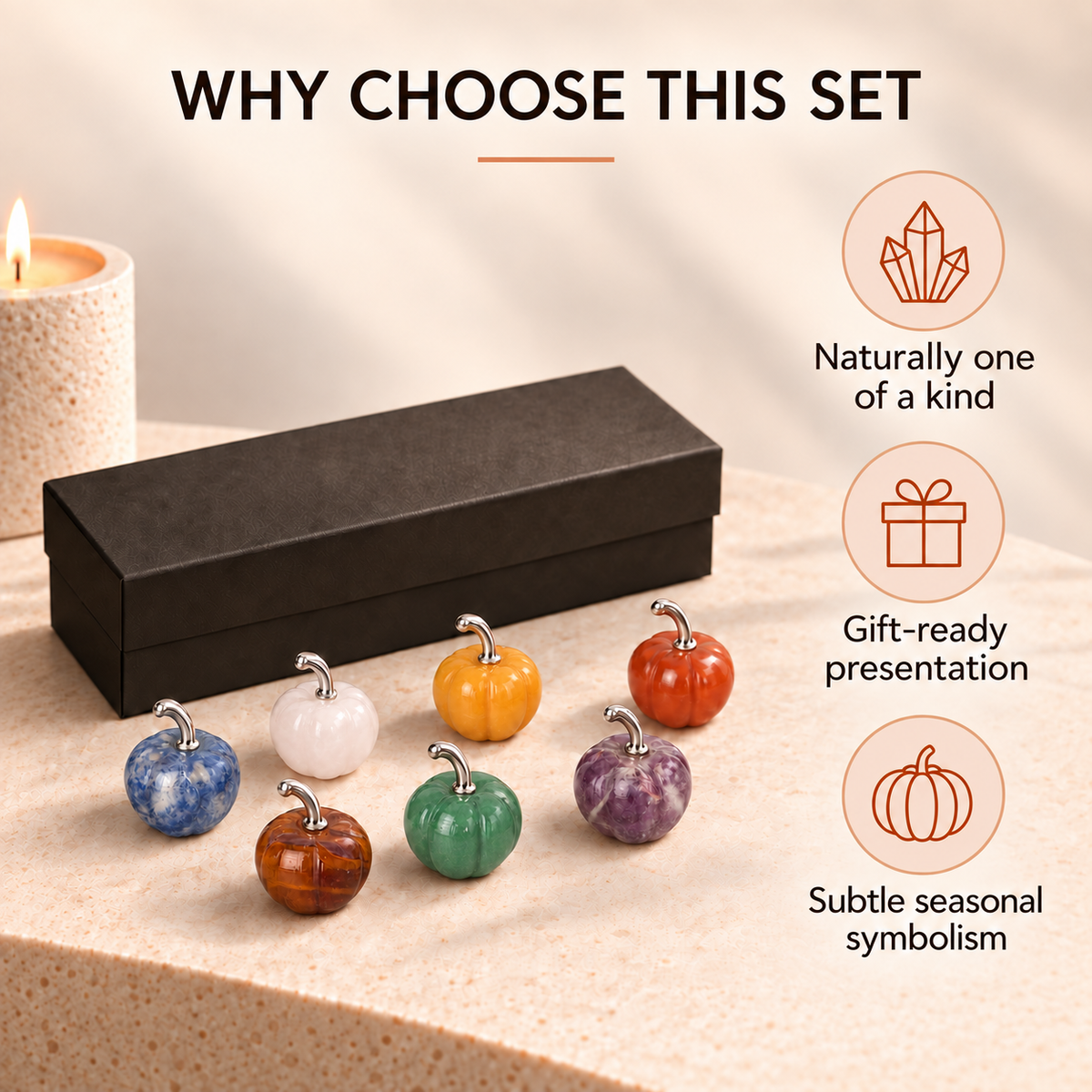 Chakra Mini Pumpkin Set – 7 Stones for Halloween Balance & Protection