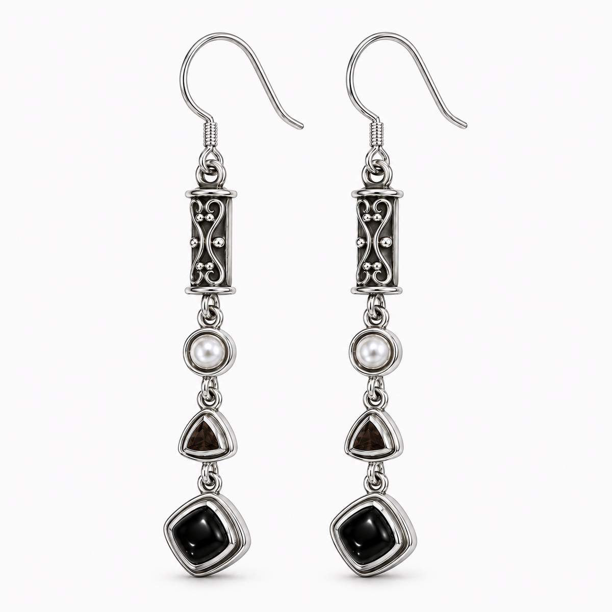 Black Obsidian and  Pearl J-Hook Drop Earrings – Sterling Silver