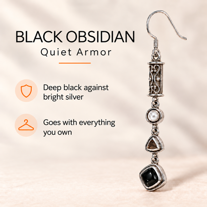 Black Obsidian and  Pearl J-Hook Drop Earrings – Sterling Silver