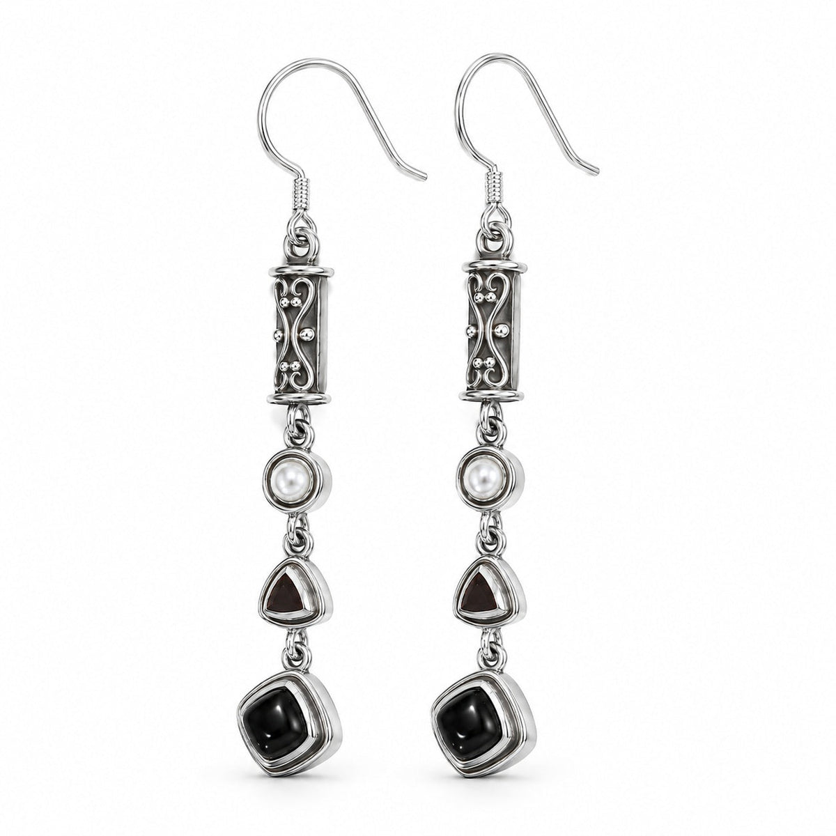 Black Obsidian and  Pearl J-Hook Drop Earrings – Sterling Silver