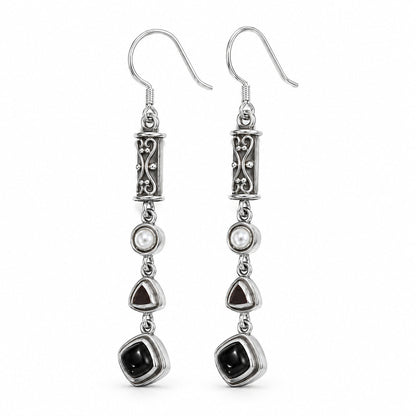 Black Obsidian and  Pearl J-Hook Drop Earrings – Sterling Silver