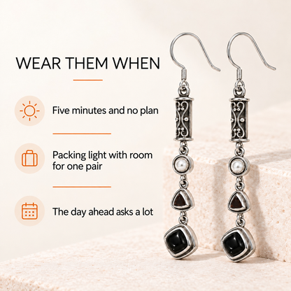 Black Obsidian and  Pearl J-Hook Drop Earrings – Sterling Silver