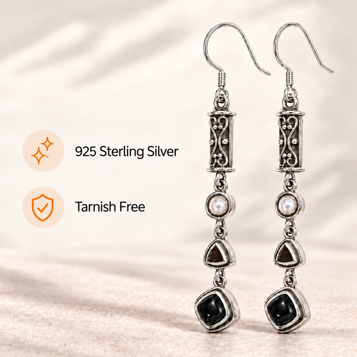 Black Obsidian and  Pearl J-Hook Drop Earrings – Sterling Silver