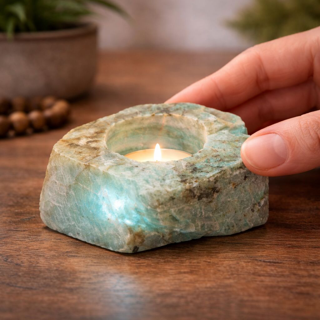 Healing Crystal Tea Light Candle Holder — Natural Stone Light for Ambience & Calm
