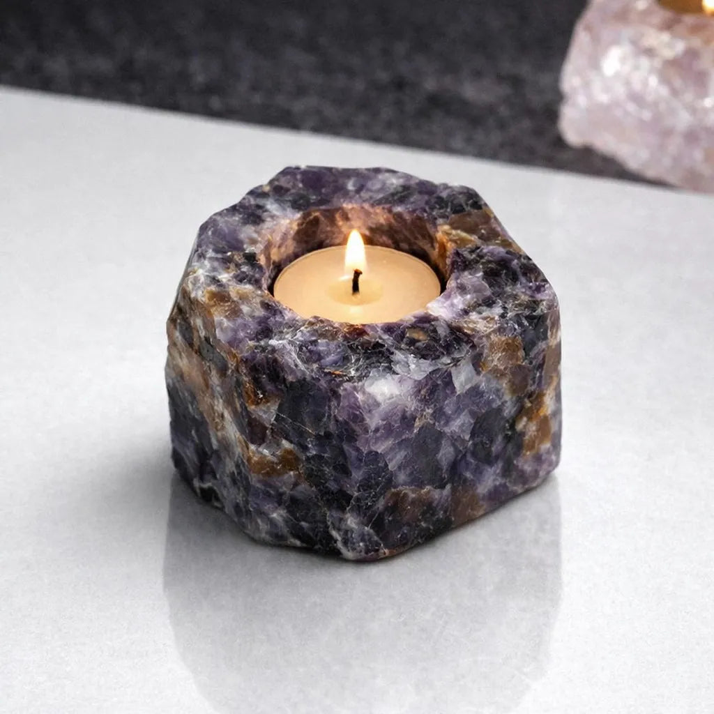 Healing Crystal Tea Light Candle Holder — Natural Stone Light for Ambience & Calm