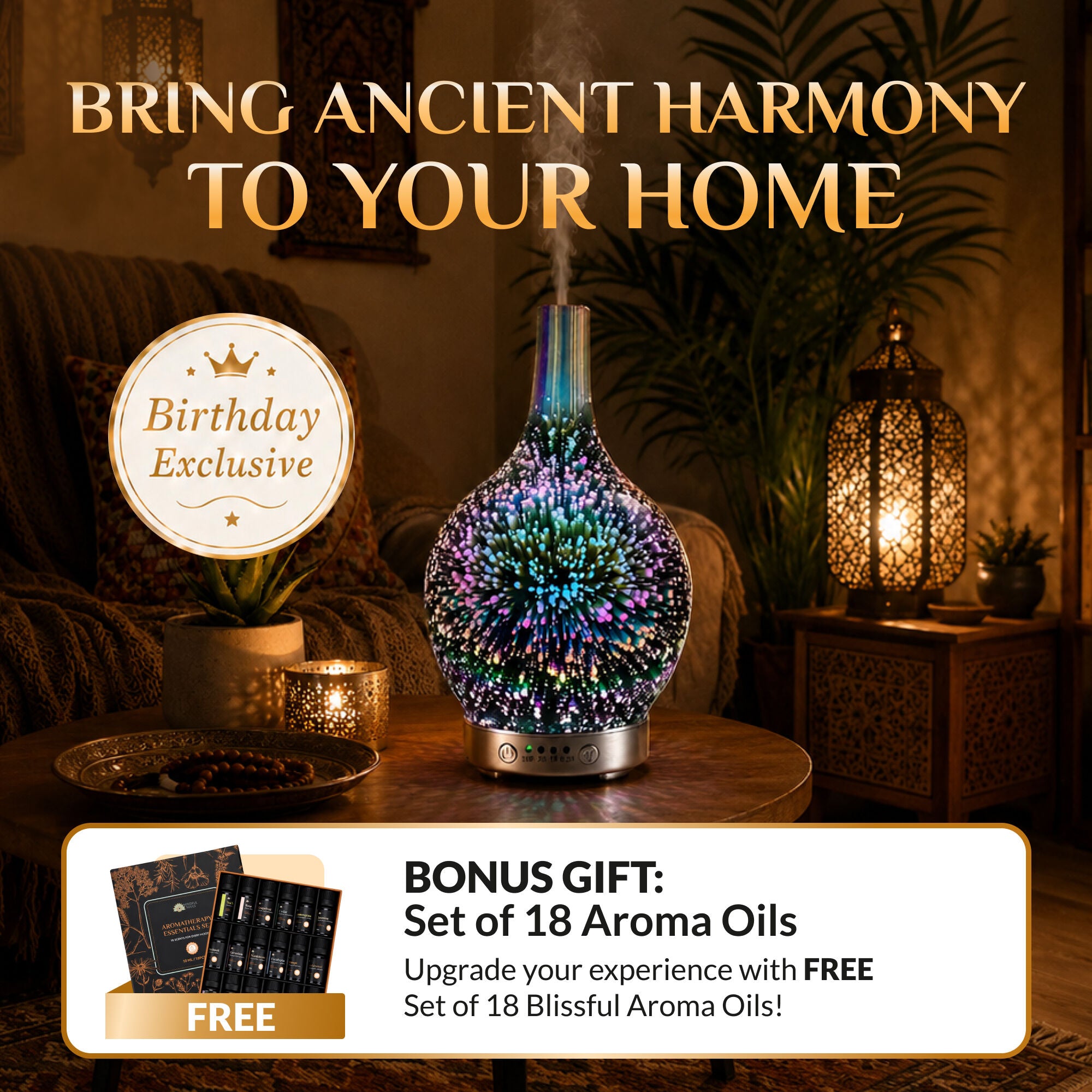 The Ultimate Aroma Bundle: 3D Glass Aroma Oil Diffuser + FREE 18 Blissfull Aroma Oils Set