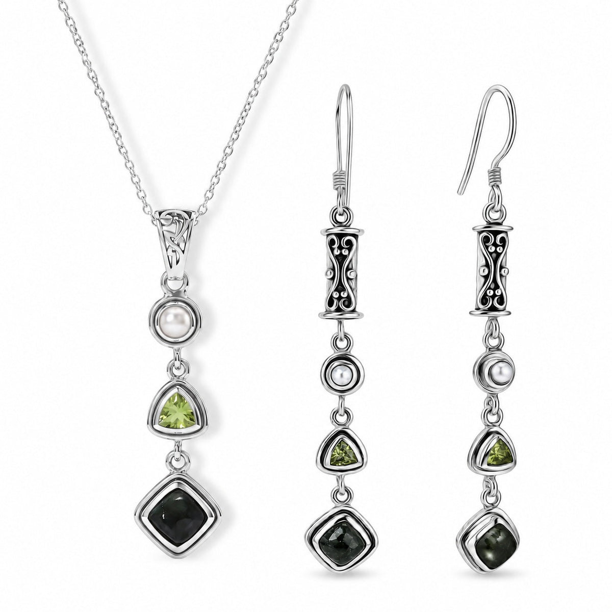 Seraphinite Jewelry Set with Peridot and Pearl - 925 Silver