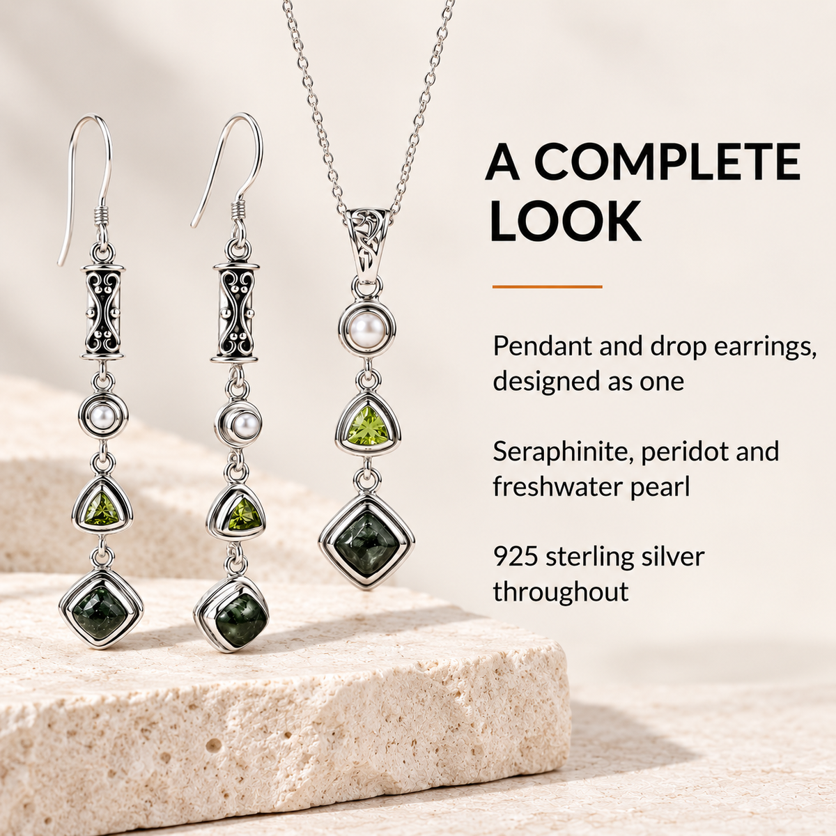 Seraphinite Jewelry Set with Peridot and Pearl - 925 Silver