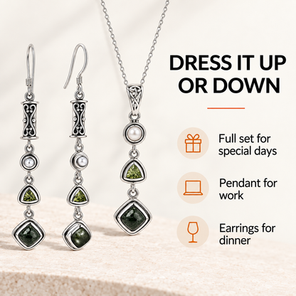 Seraphinite Jewelry Set with Peridot and Pearl - 925 Silver