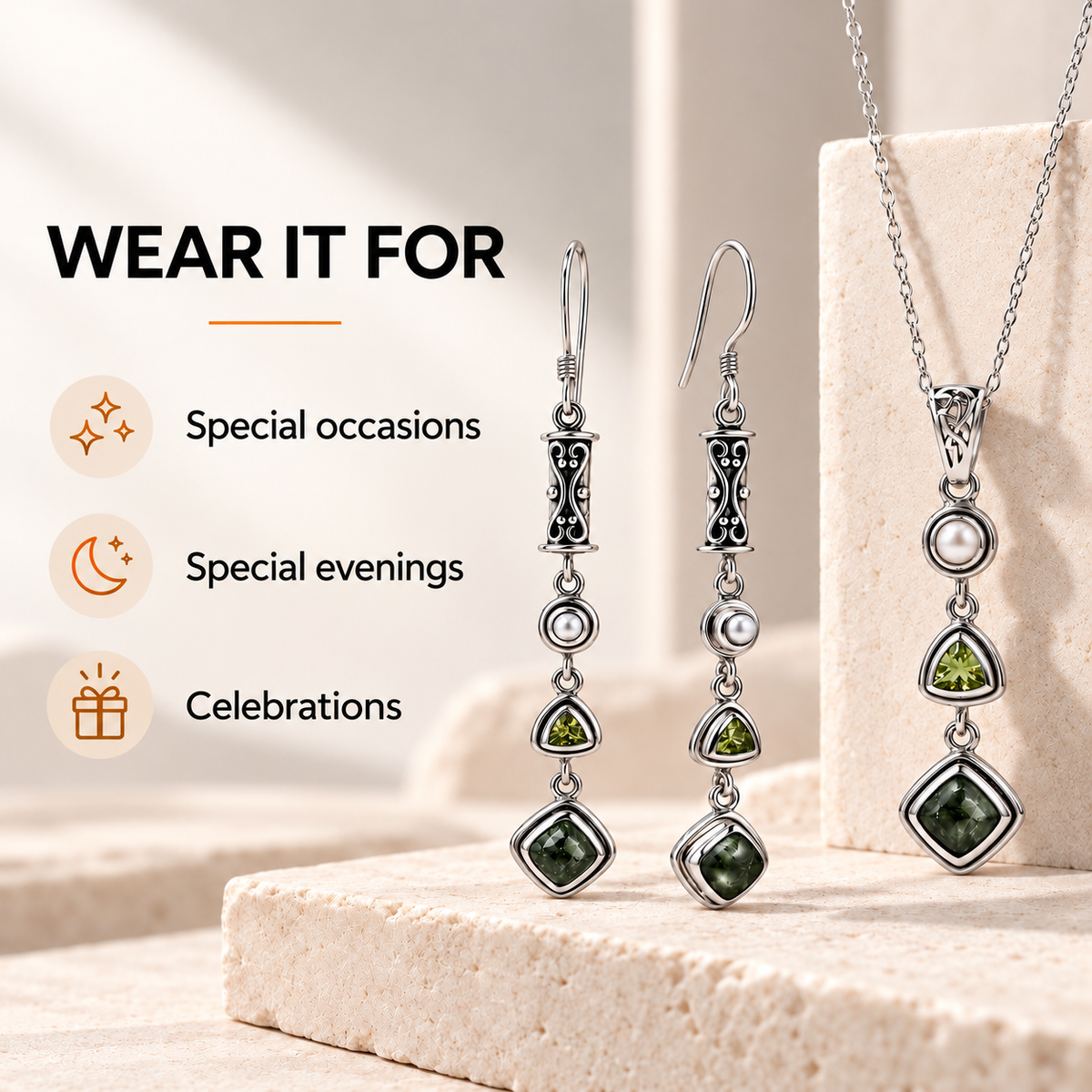 Seraphinite Jewelry Set with Peridot and Pearl - 925 Silver