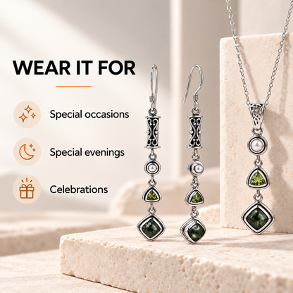 Seraphinite Jewelry Set with Peridot and Pearl - 925 Silver