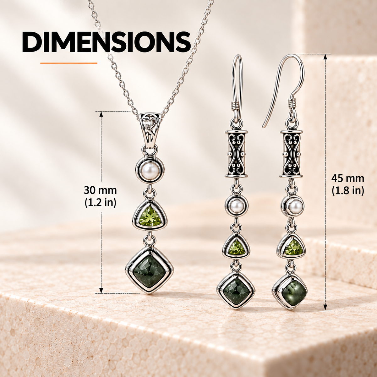 Seraphinite Jewelry Set with Peridot and Pearl - 925 Silver