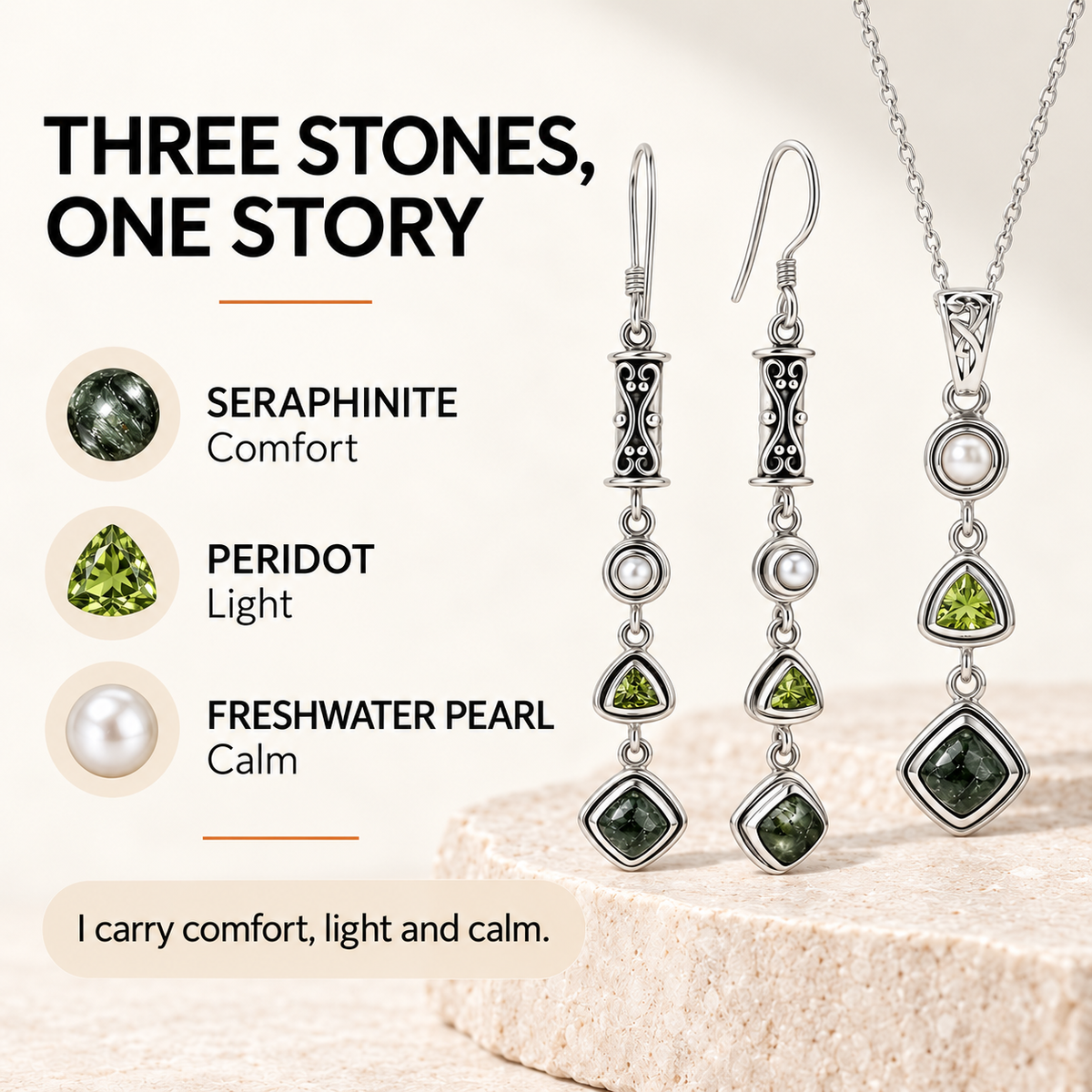 Seraphinite Jewelry Set with Peridot and Pearl - 925 Silver