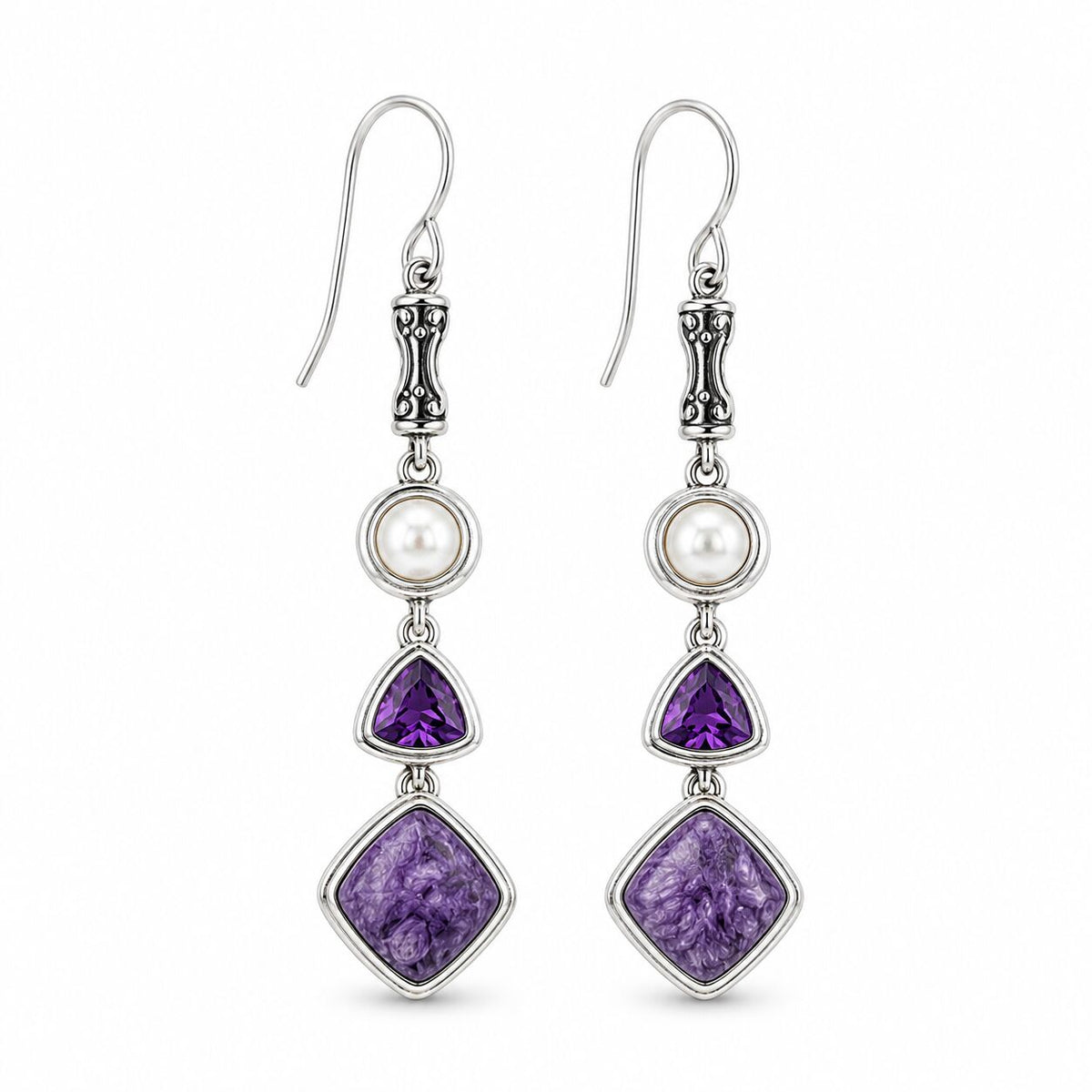 Natural Charoite, Amethyst & Pearl Earrings in Sterling Silver