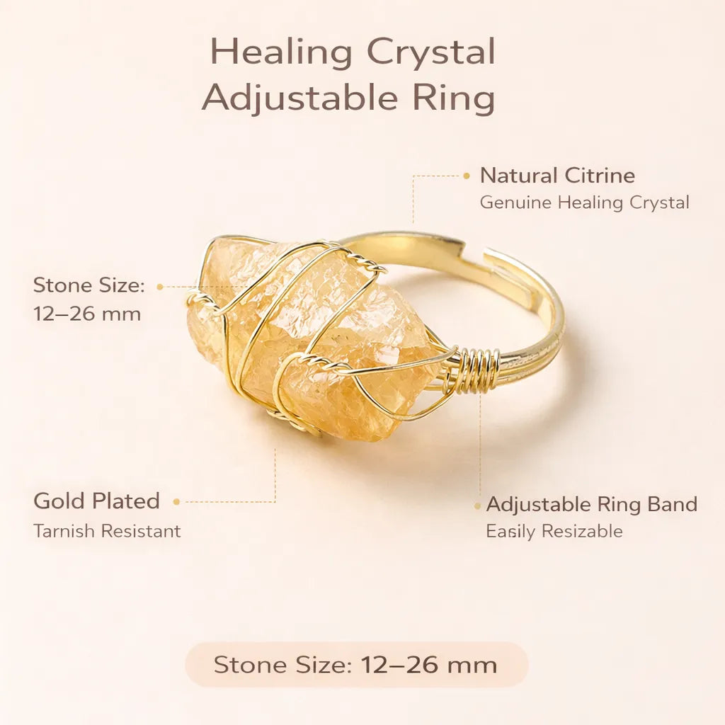 Healing Crystal Adjustable Ring — Natural Gemstone Statement Jewelry