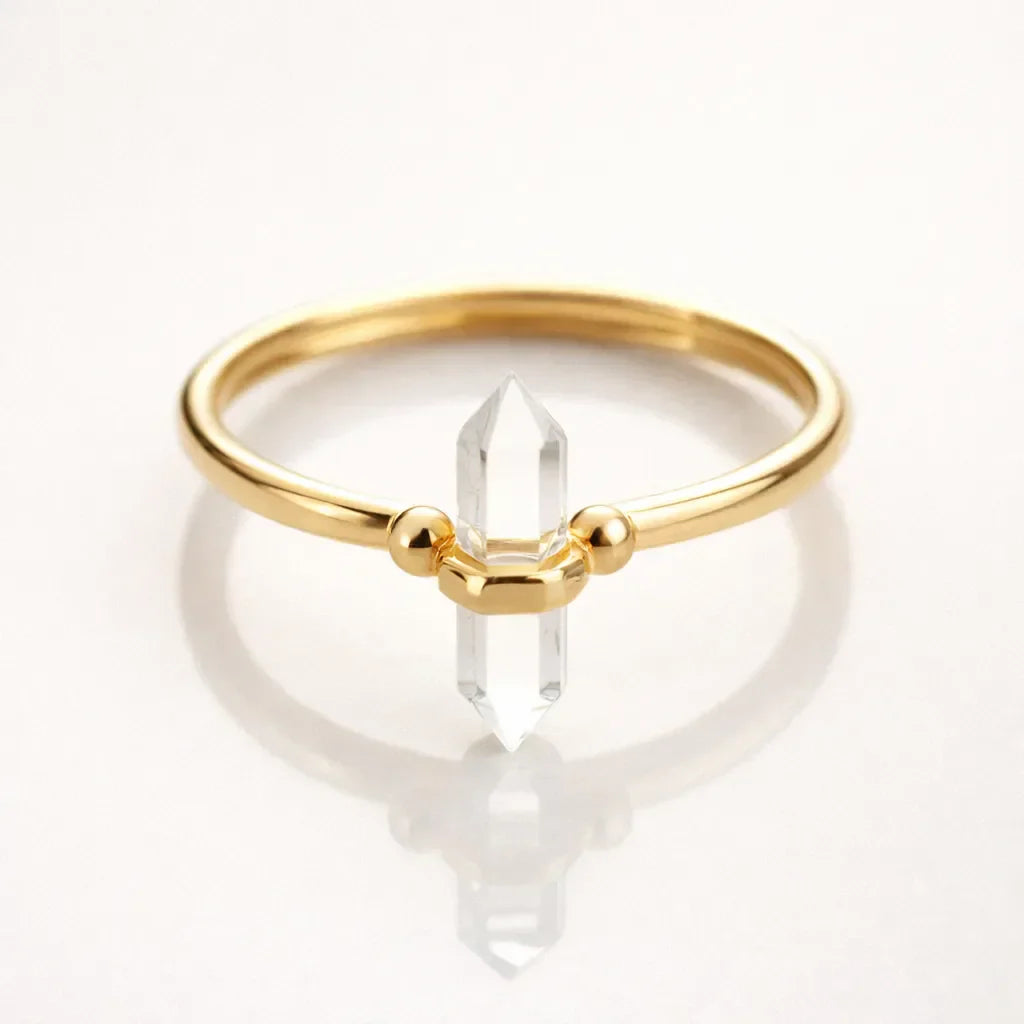 Thin Crystal Point Double Bead Ring — Sleek Healing Stone Jewelry