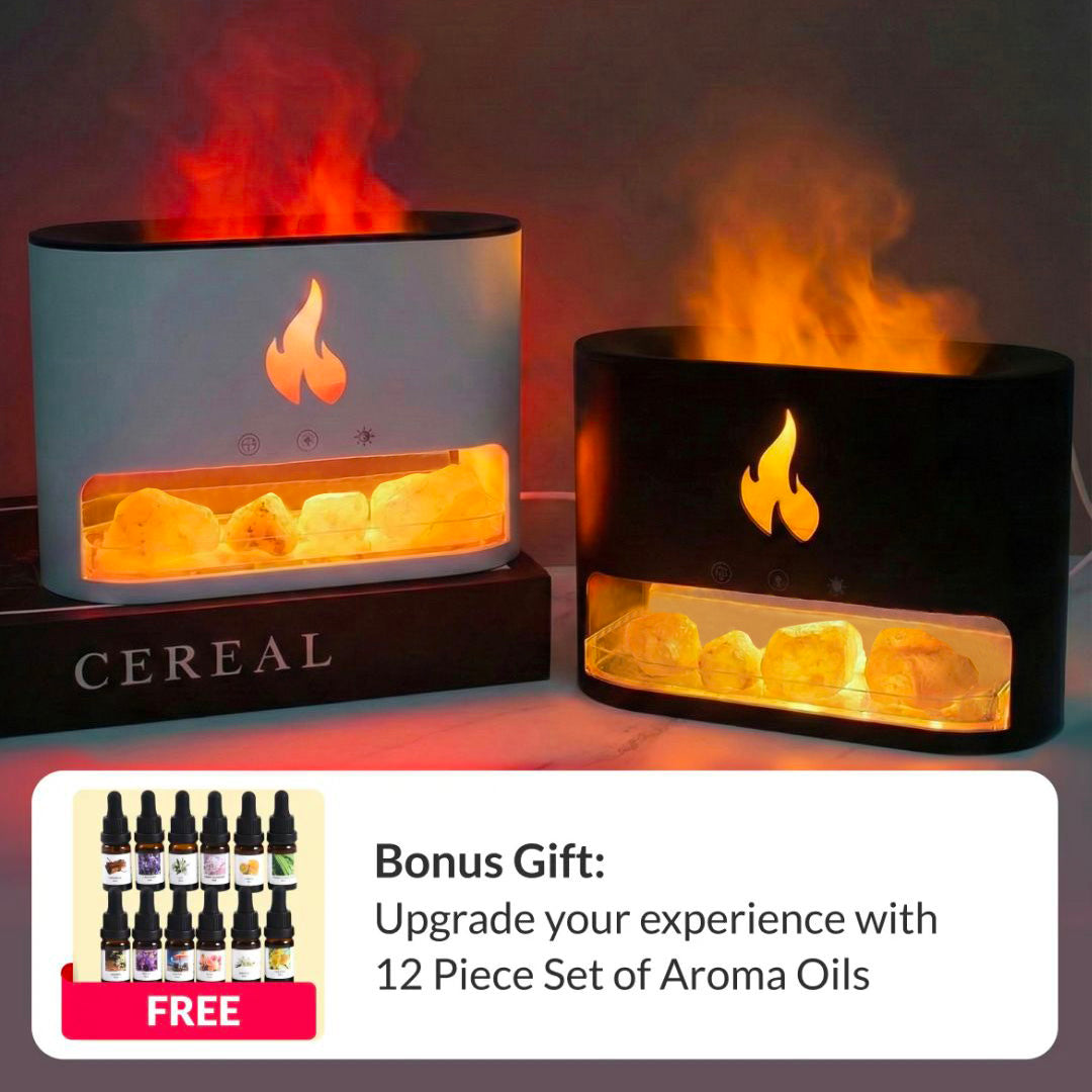 Himalayan Salt Fireplace Humidifier Lamp + FREE 12 Piece Set of Aroma Oils