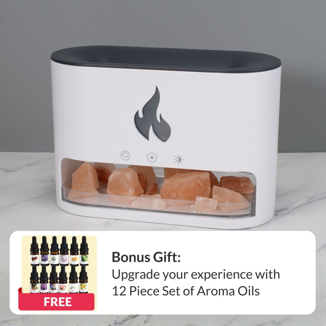 Himalayan Salt Fireplace Humidifier Lamp + FREE 12 Piece Set of Aroma Oils