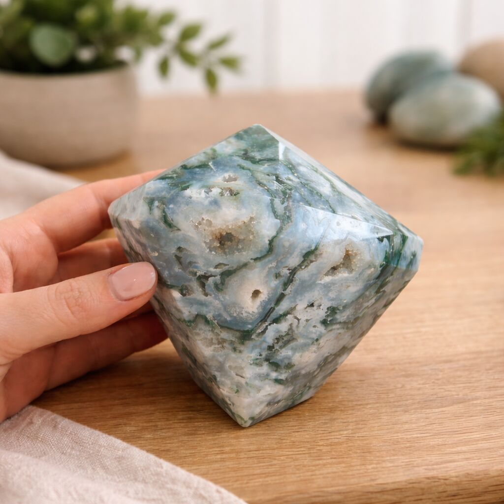 Natural Green Moss Agate Crystal Diamond Shape — Grounding Energy & Spiritual Growth
