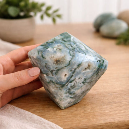Natural Green Moss Agate Crystal Diamond Shape — Grounding Energy & Spiritual Growth