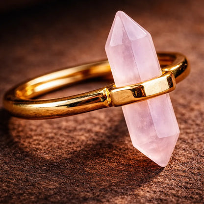 Thin Crystal Point Double Bead Ring — Sleek Healing Stone Jewelry