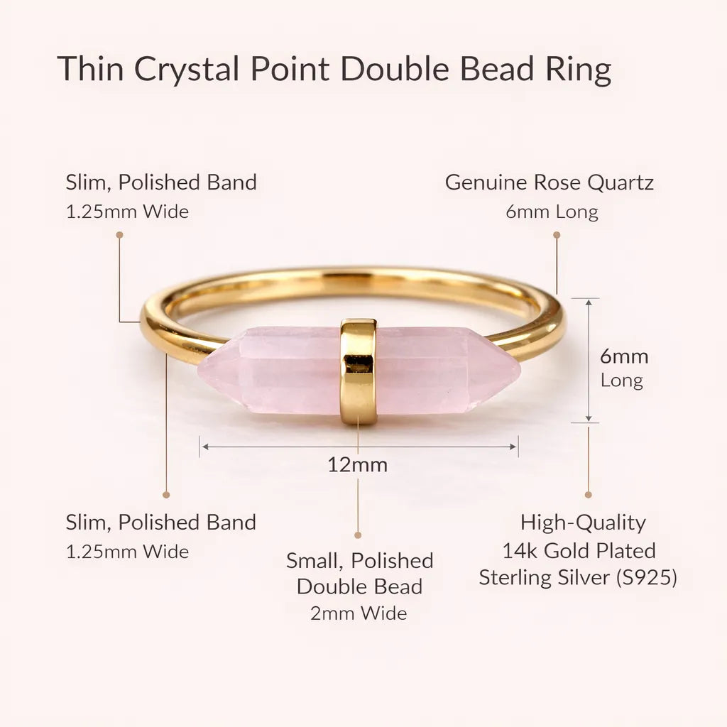 Thin Crystal Point Double Bead Ring — Sleek Healing Stone Jewelry