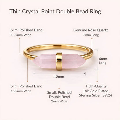 Thin Crystal Point Double Bead Ring — Sleek Healing Stone Jewelry