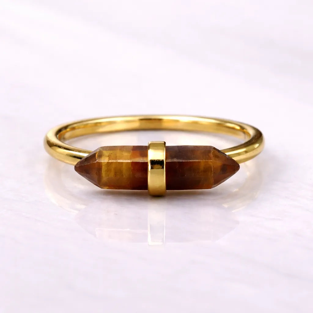 Thin Crystal Point Double Bead Ring — Sleek Healing Stone Jewelry