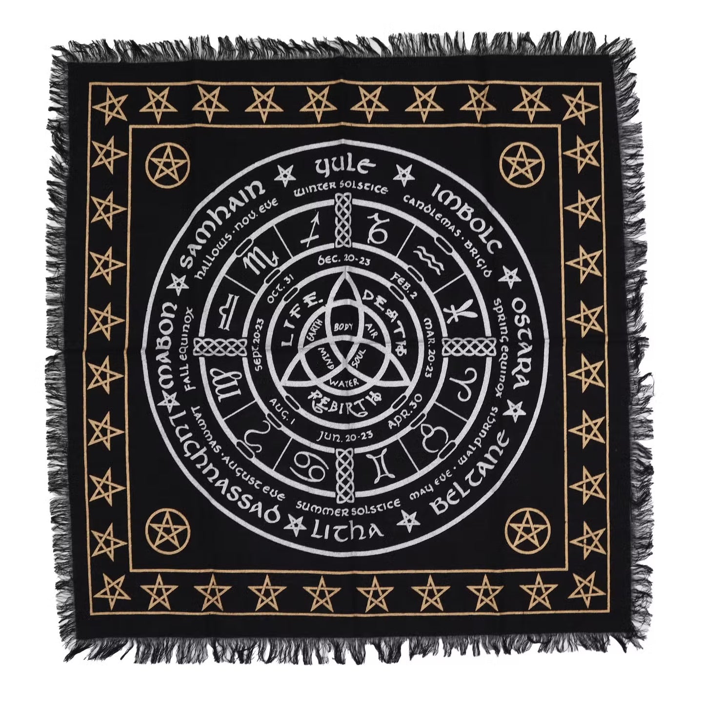 Esoteric Fringed Altar Cloth – Sacred Symbols for Ritual Spaces