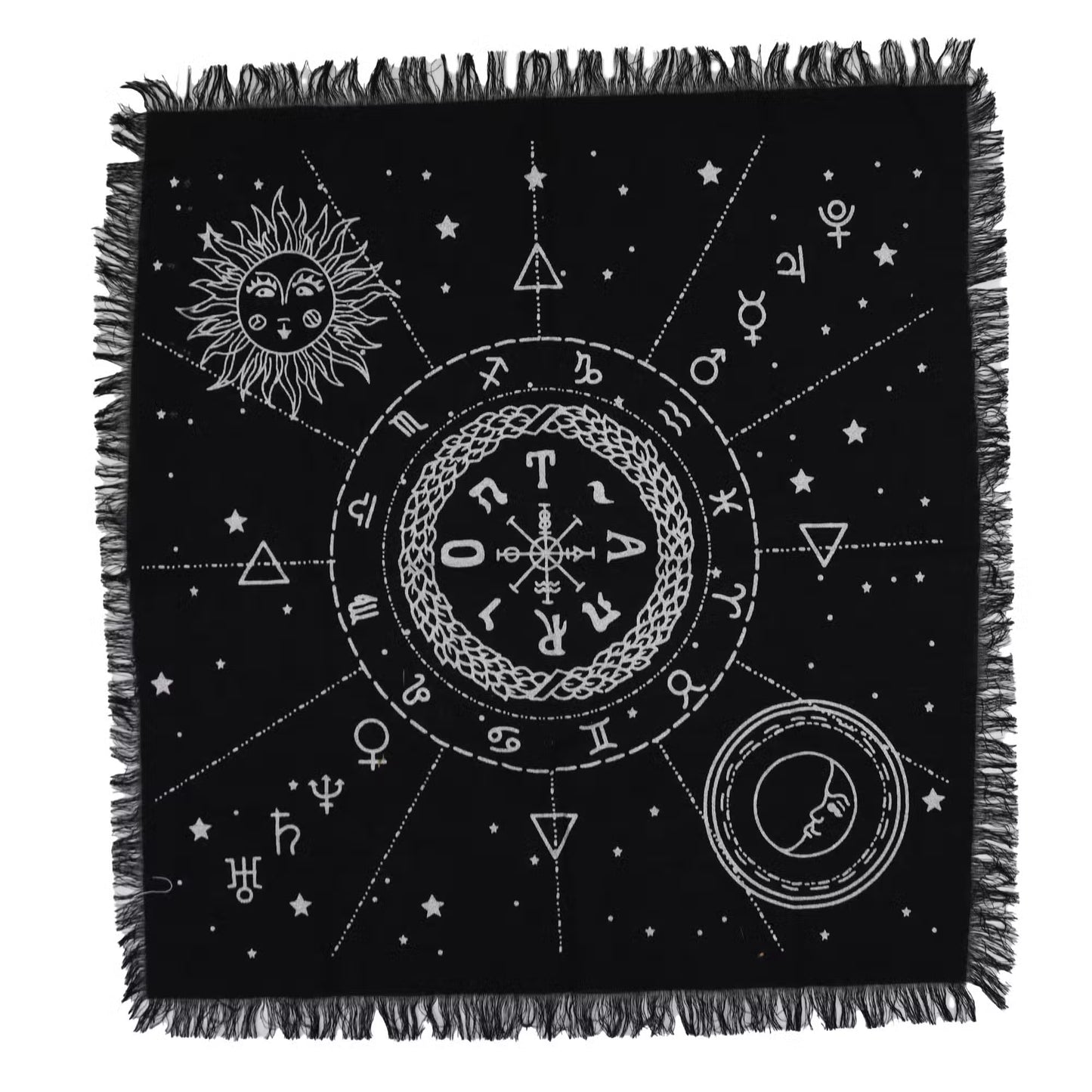 Esoteric Fringed Altar Cloth – Sacred Symbols for Ritual Spaces